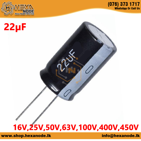 22µF / 22uf 16V,25V,50V,63V,100V,400V,450V Electrolytic Capacitor